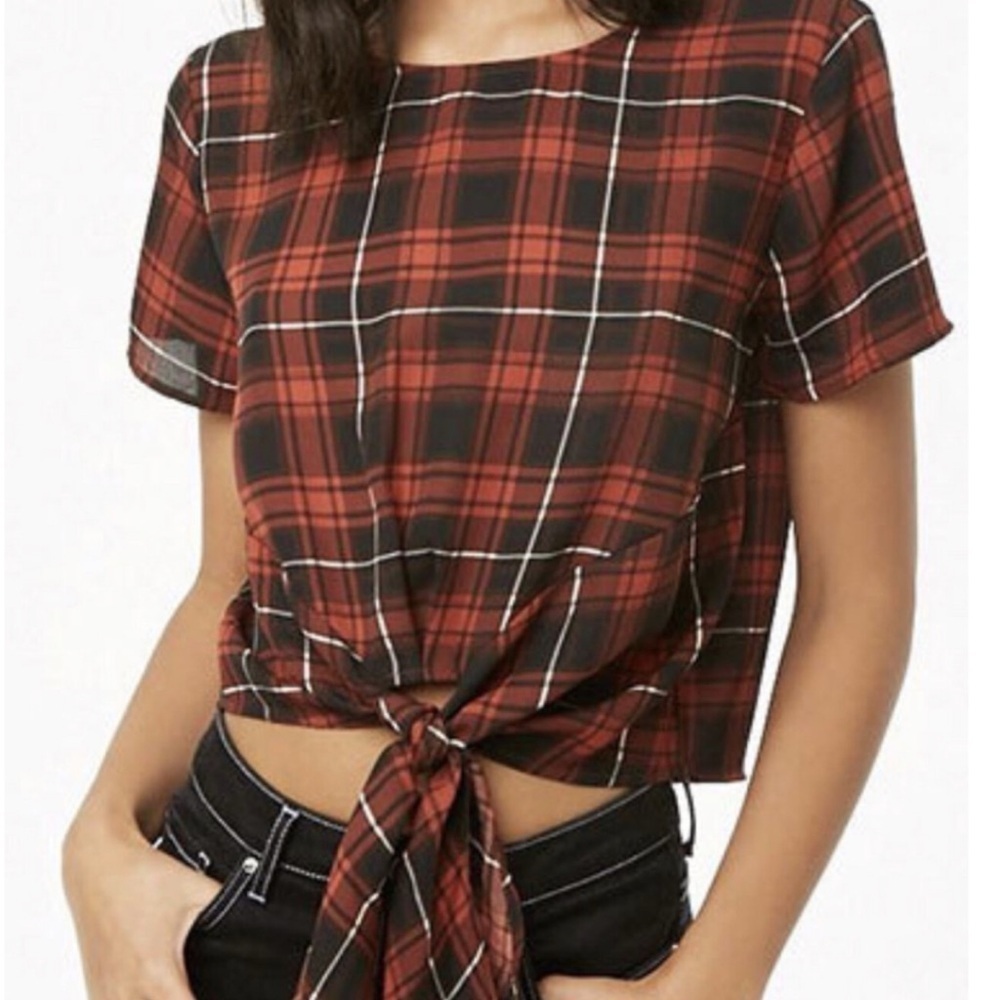 Forever 21 Plaid Tie Front Scoop Neck Short Sleeve Pullover Blouse Top Red Black